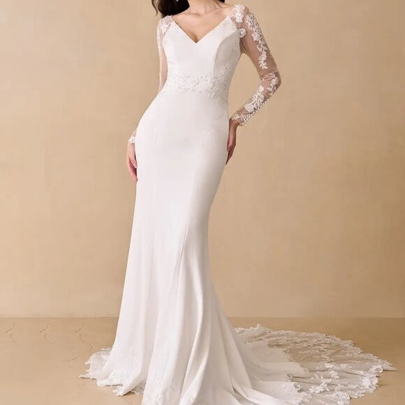 Azazie Mistie Mermaid V-Neck Sequins Stretch Crepe Wedding Dress - Picture 1 of 5
